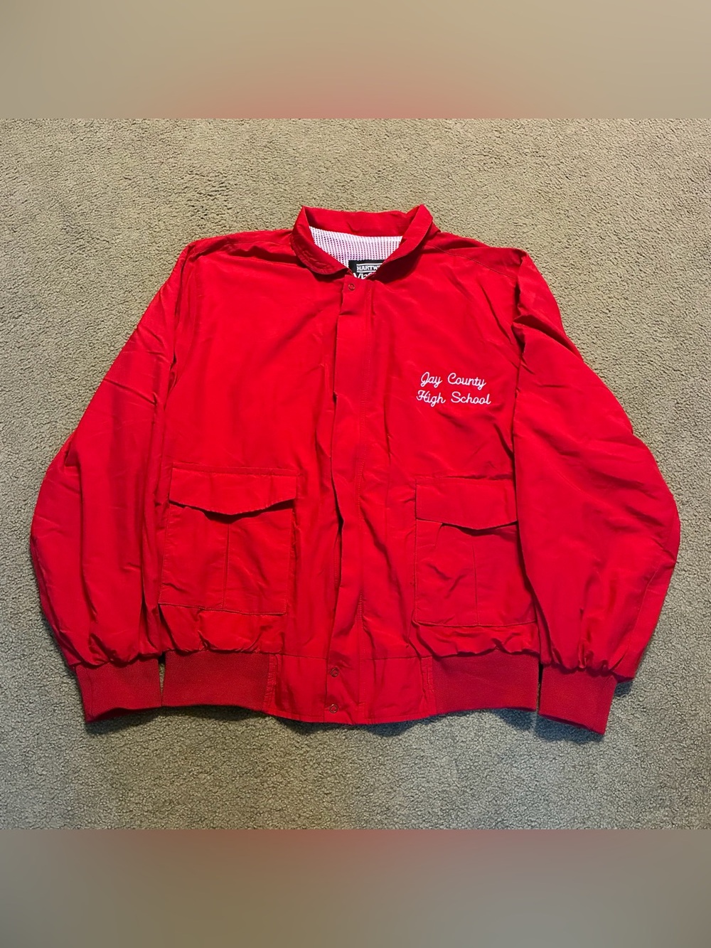 Vintage 90s Red Bomber Jacket Mesh Lined Jay County High School Embroidery ZipUp
